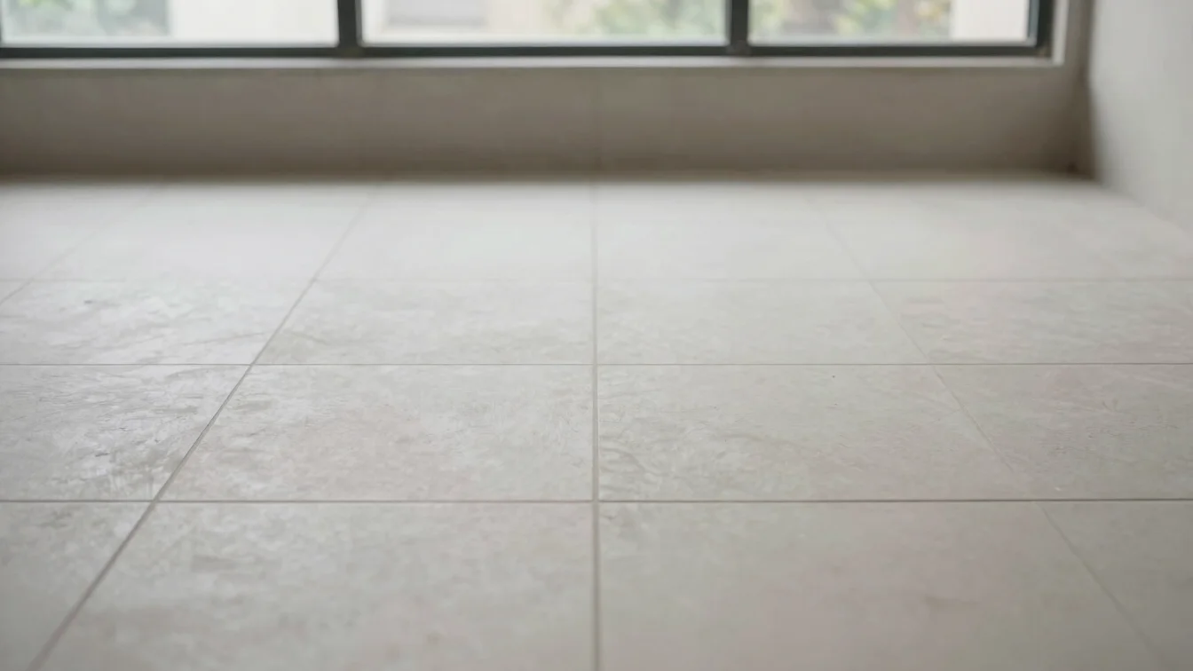 Aligned floor and wall tiling with clean grout lines, shot from e
