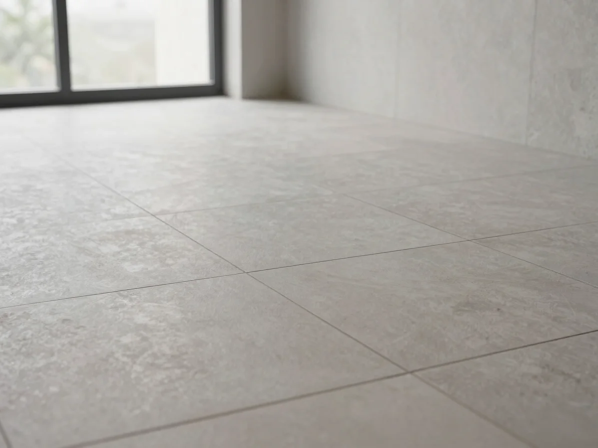 Aligned floor and wall tiling with sharp grout lines in a modern interior, natural light