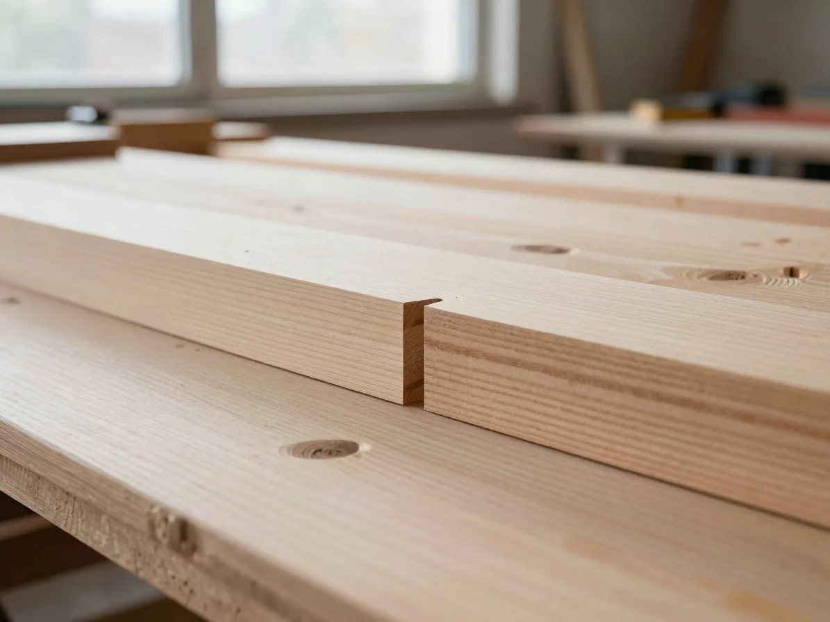 Timber joinery close-up showing precise cuts and natural wood grain, bright workshop light