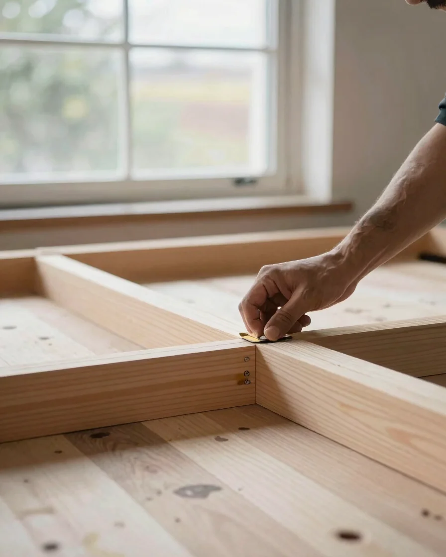 Close-up of a carpenter fitting custom timber joinery under bright natural daylight
