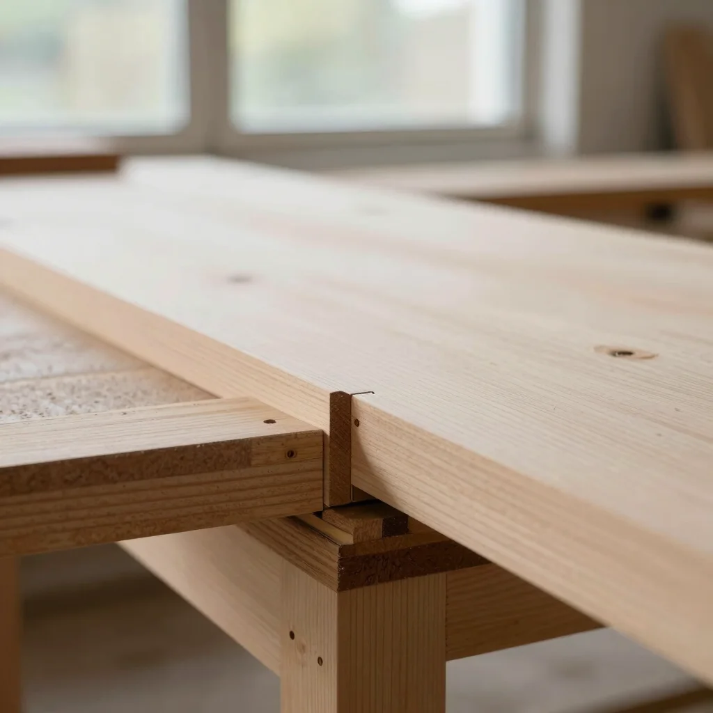 Timber joinery close-ups showing clean miter joints and natural wood accent tones