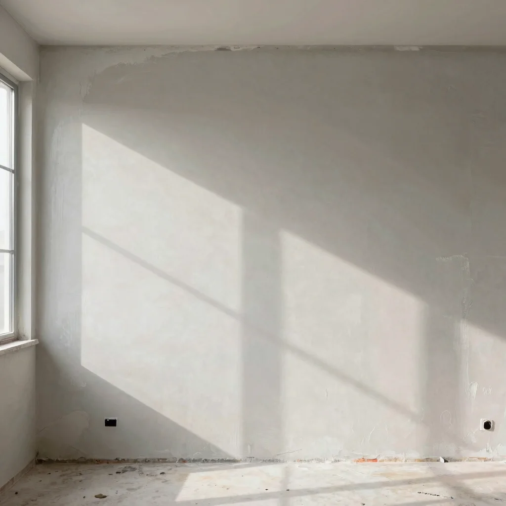 Newly plastered wall surfaces under direct daylight with crisp shadow detail and smooth texture