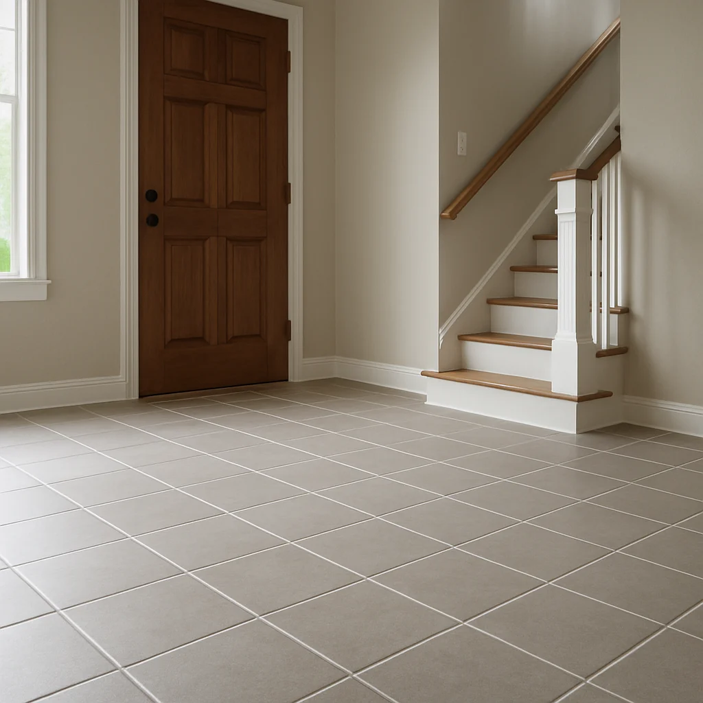 Completed entryway showcasing precision floor tile alignment and immaculate grout lines