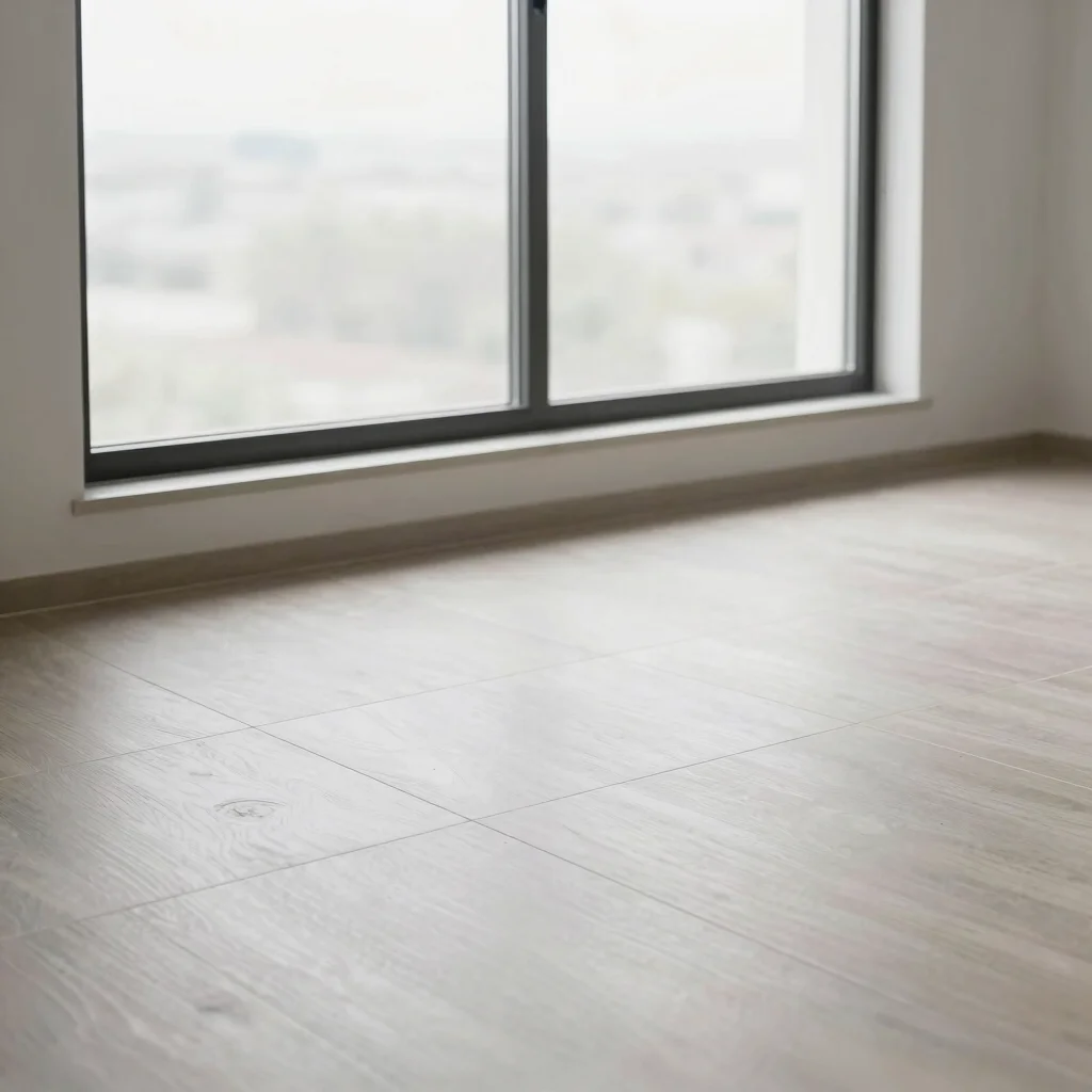 Bright natural window light on aligned floor and wall tiling in a modern interior, sharp focus, 35mm format